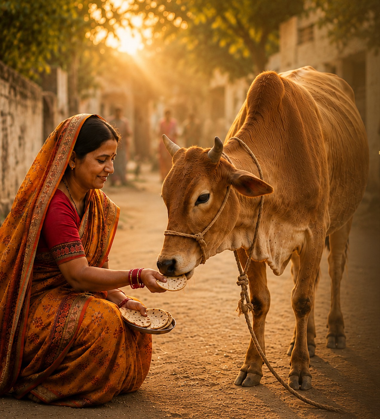 Offering the first fodder to a cow