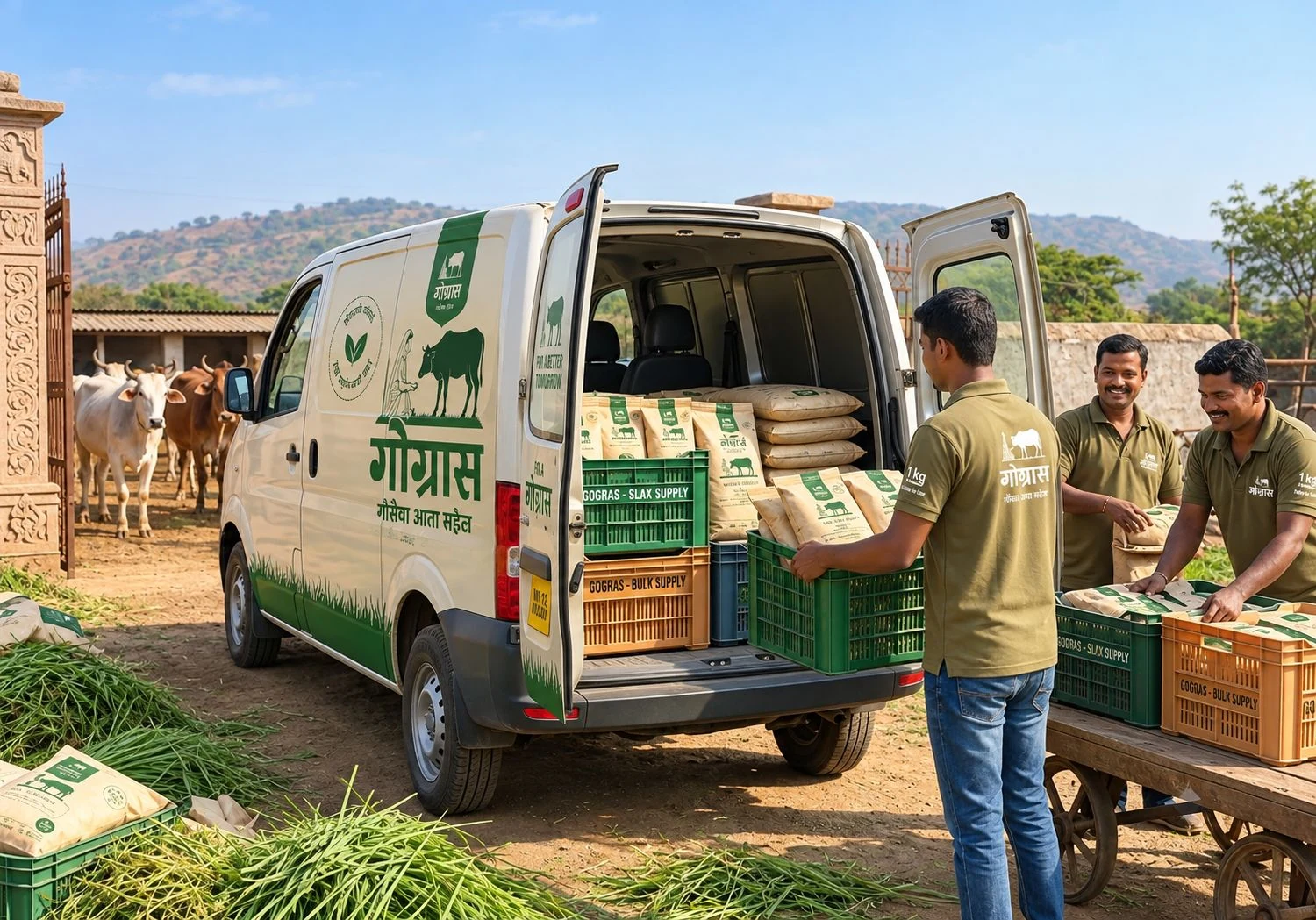 A GoGrasa delivery van at a Gaushala gate, with the team unloading crates of 1 kg fodder packs while cows wait in the yard
