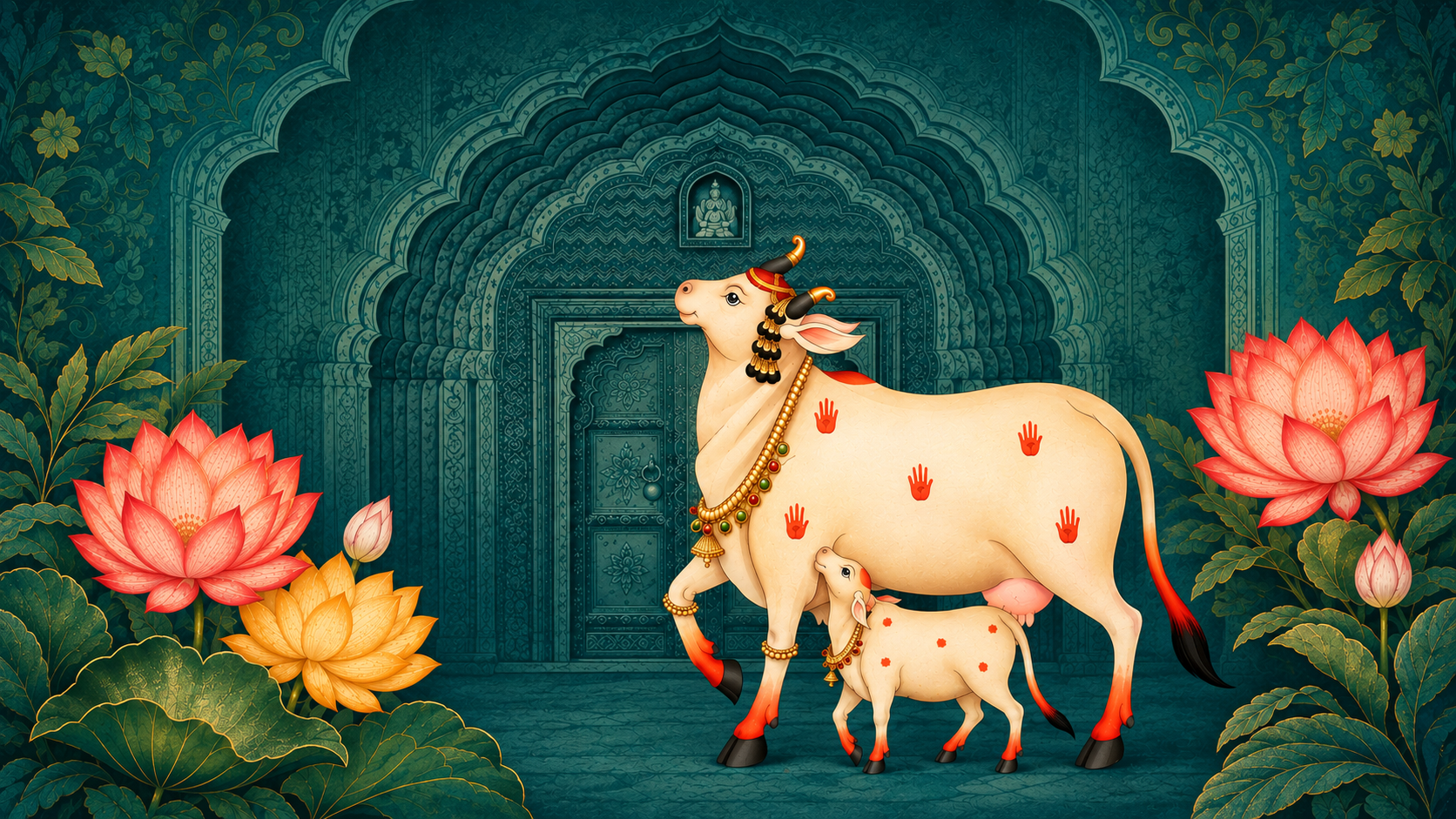 Gau Mata, calf and lotus illustration