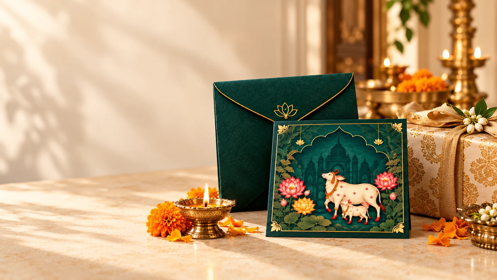 Illustration of an elegant GoSeva card and envelope beside a festive Diwali gift hamper