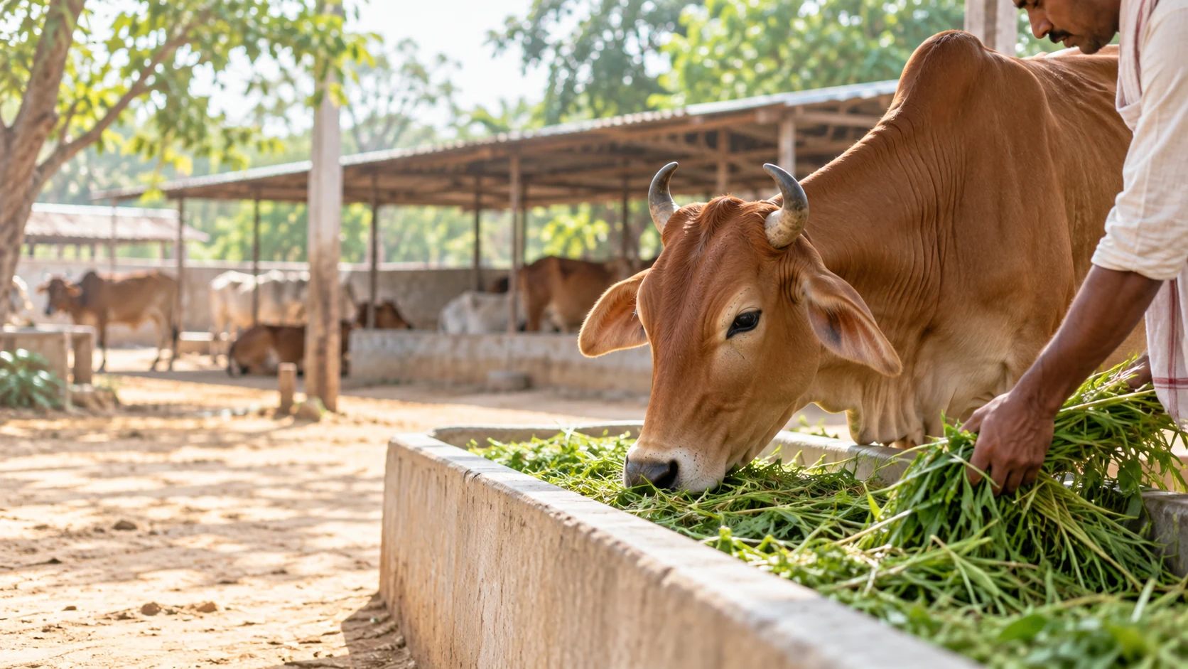 Illustrative scene of Gau Mata and her calf beside fresh fodder at a Gaushala