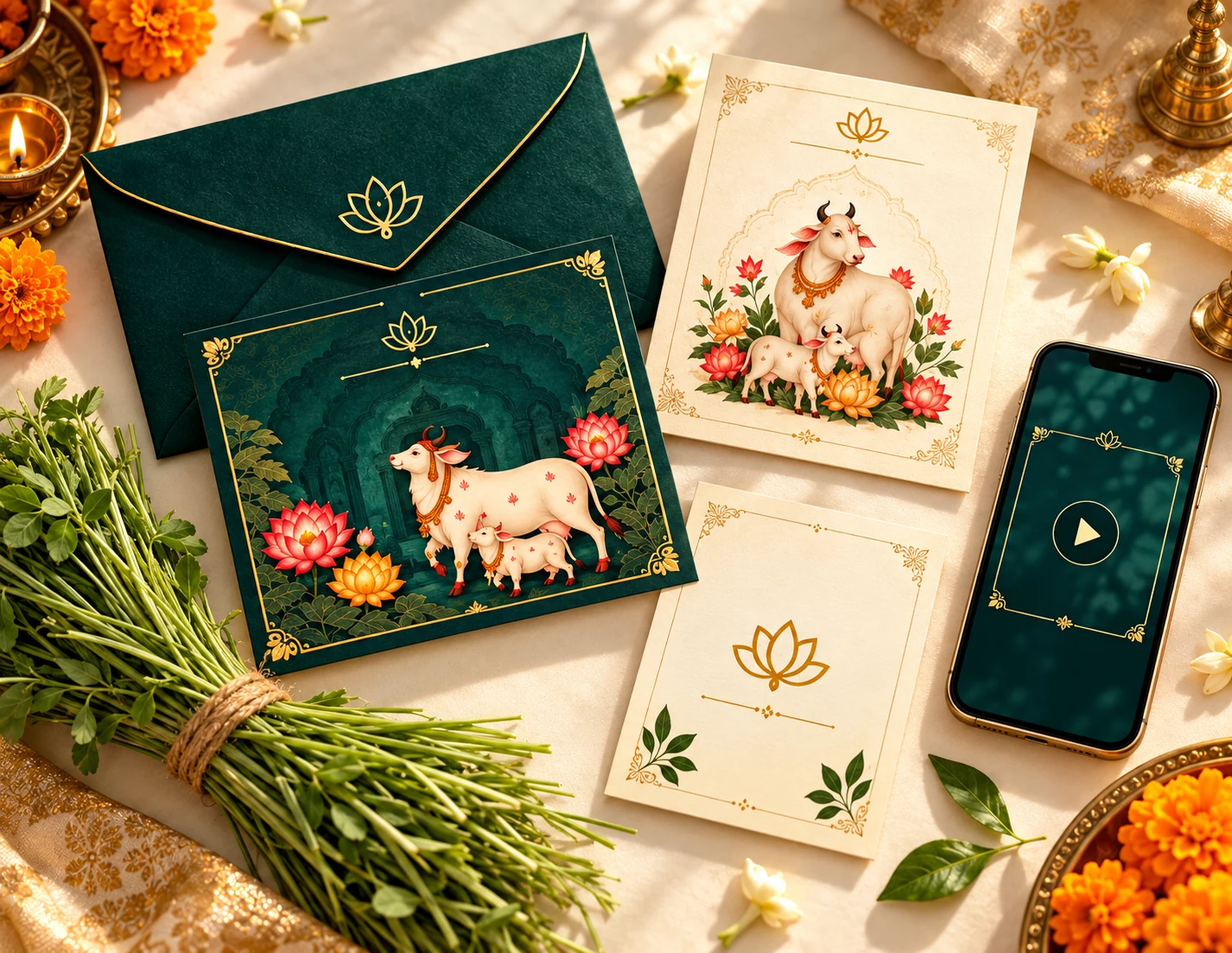 Clean concept flat lay of a Diwali GoSeva gift set with envelope, greeting card, guide card and mobile experience