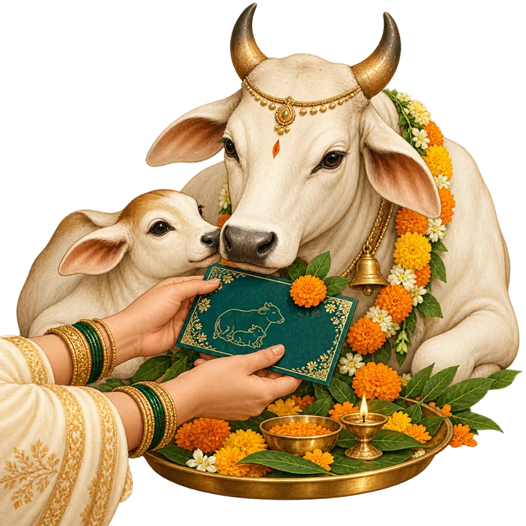 A GoSeva card offered to Gau Mata and her calf