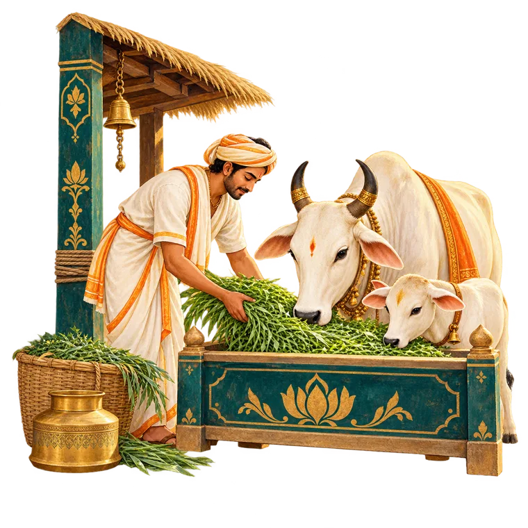 Fresh fodder being fed to cows at a verified Gaushala